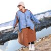 Camel Brown Quilted Long Winter Coat with Denim Overlay and Hood