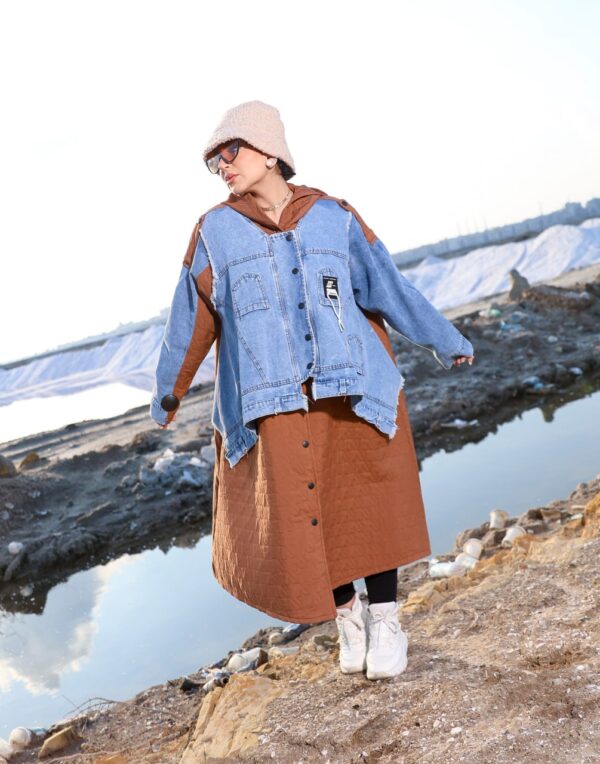 Camel Brown Quilted Long Winter Coat with Denim Overlay and Hood