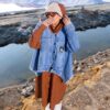 Camel Brown Quilted Long Winter Coat with Denim Overlay and Hood