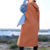 Camel Brown Quilted Long Winter Coat with Denim Overlay and Hood