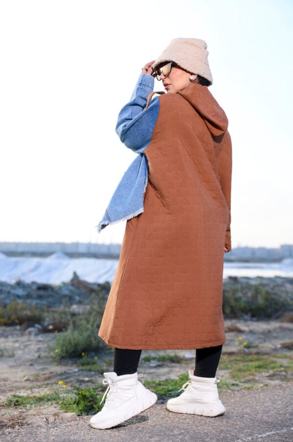 Camel Brown Quilted Long Winter Coat with Denim Overlay and Hood