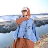 Camel Brown Quilted Long Winter Coat with Denim Overlay and Hood