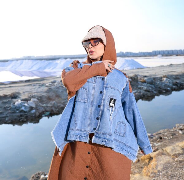 Camel Brown Quilted Long Winter Coat with Denim Overlay and Hood