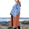 Camel Brown Quilted Long Winter Coat with Denim Overlay and Hood