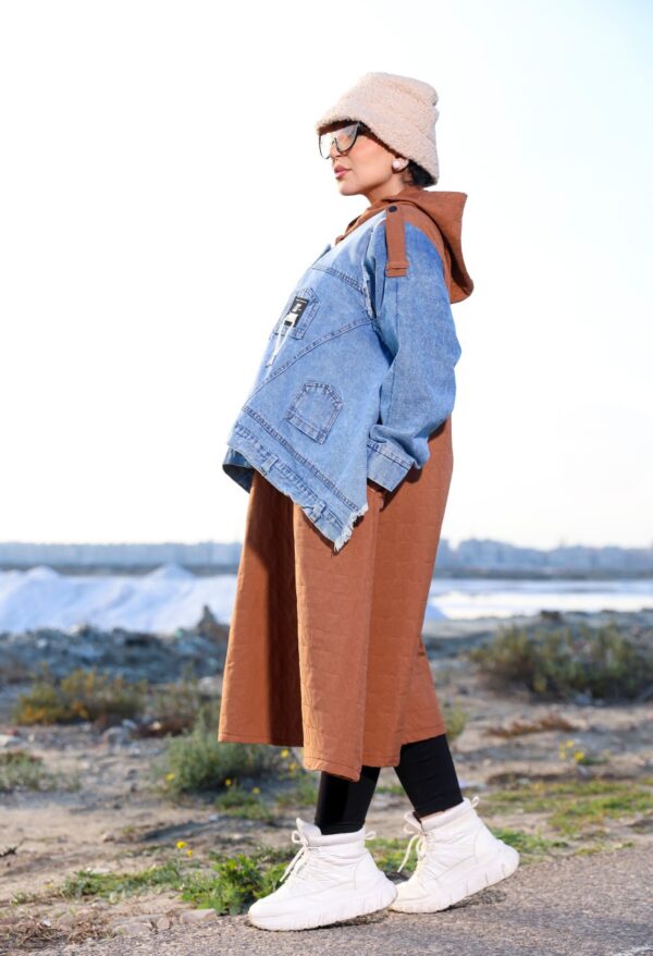 Camel Brown Quilted Long Winter Coat with Denim Overlay and Hood