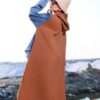 Camel Brown Quilted Long Winter Coat with Denim Overlay and Hood