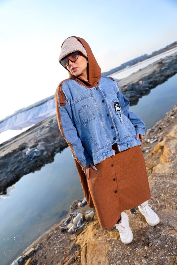 Camel Brown Quilted Long Winter Coat with Denim Overlay and Hood