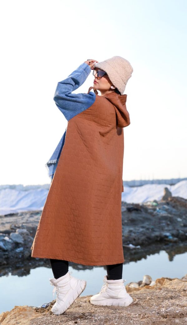 Camel Brown Quilted Long Winter Coat with Denim Overlay and Hood