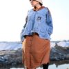 Camel Brown Quilted Long Winter Coat with Denim Overlay and Hood