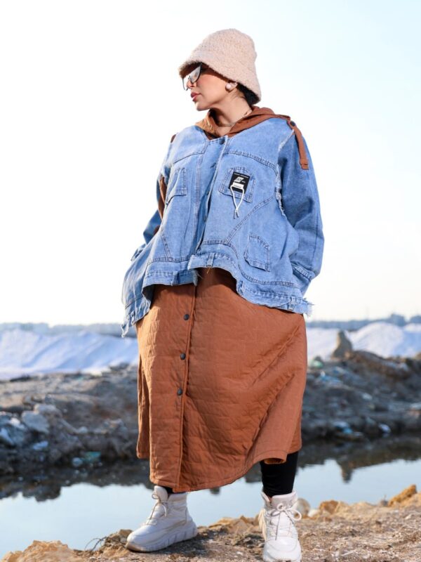 Camel Brown Quilted Long Winter Coat with Denim Overlay and Hood