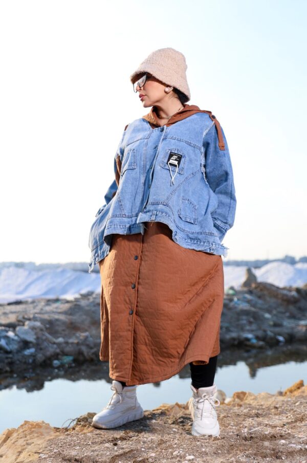 Camel Brown Quilted Long Winter Coat with Denim Overlay and Hood