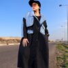 Black Quilted Long Winter Coat with Light Wash Denim Patchwork Accents