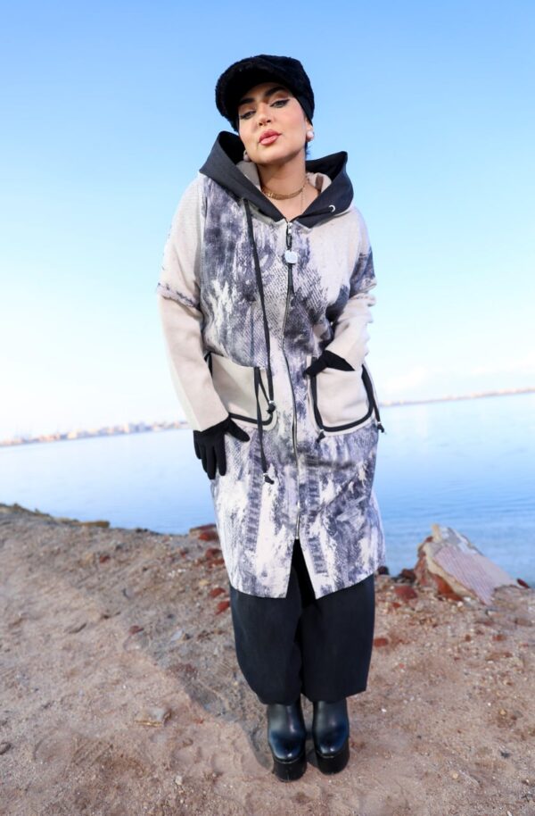 Modest Oversized Printed Winter Parka with Off-White Accent Pockets