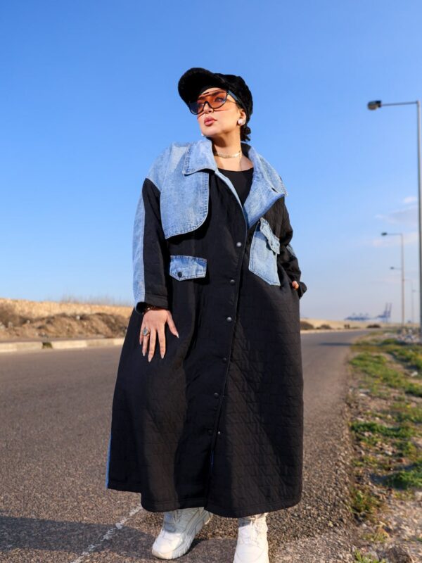 Black Quilted Long Winter Coat with Light Wash Denim Patchwork Accents