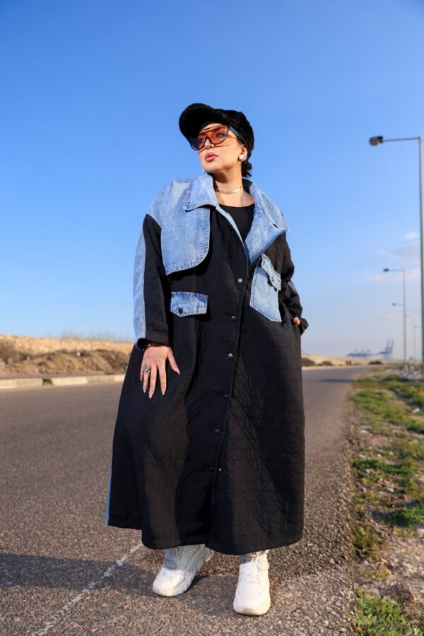 Black Quilted Long Winter Coat with Light Wash Denim Patchwork Accents