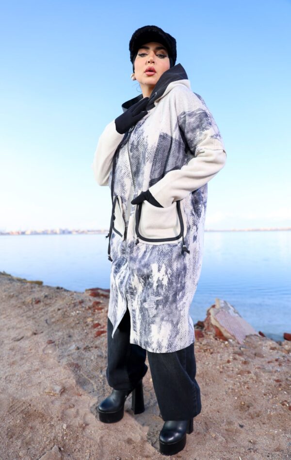 Modest Oversized Printed Winter Parka with Off-White Accent Pockets