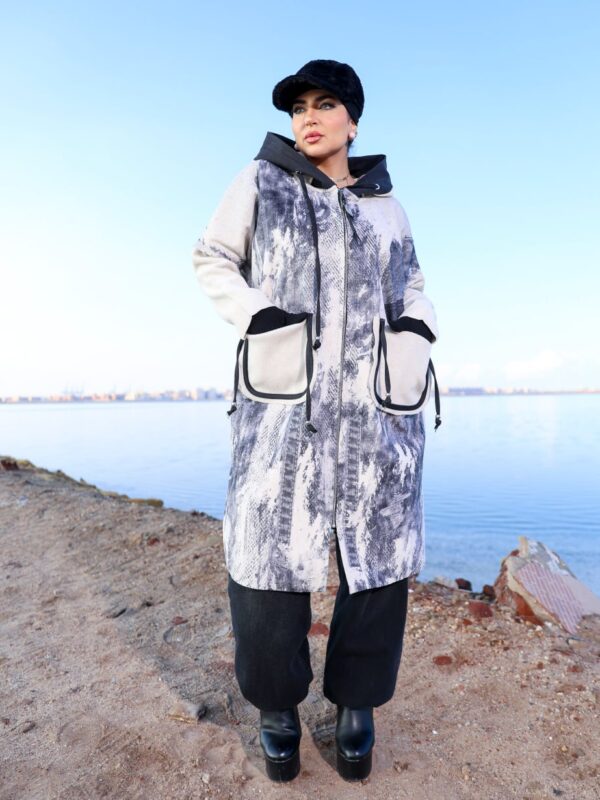 Modest Oversized Printed Winter Parka with Off-White Accent Pockets