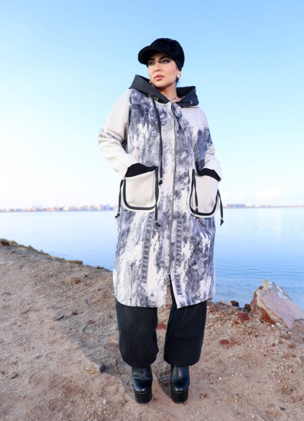 Modest Oversized Printed Winter Parka with Off-White Accent Pockets