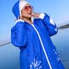 Royal Blue Long Winter Hooded Coat with White Zip and Printed Pockets