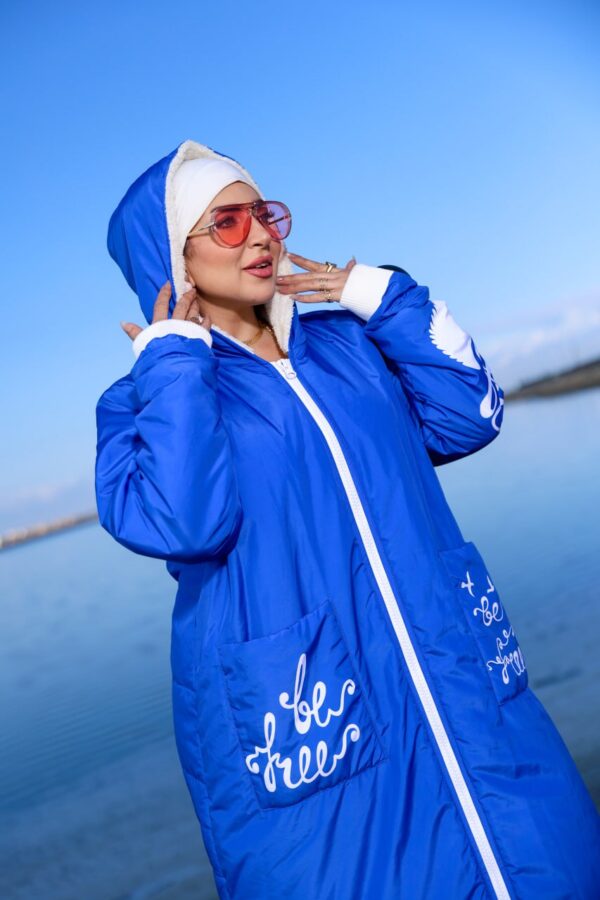 Royal Blue Long Winter Hooded Coat with White Zip and Printed Pockets