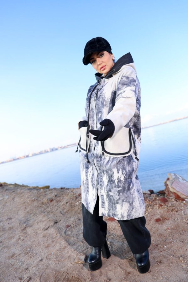 Modest Oversized Printed Winter Parka with Off-White Accent Pockets