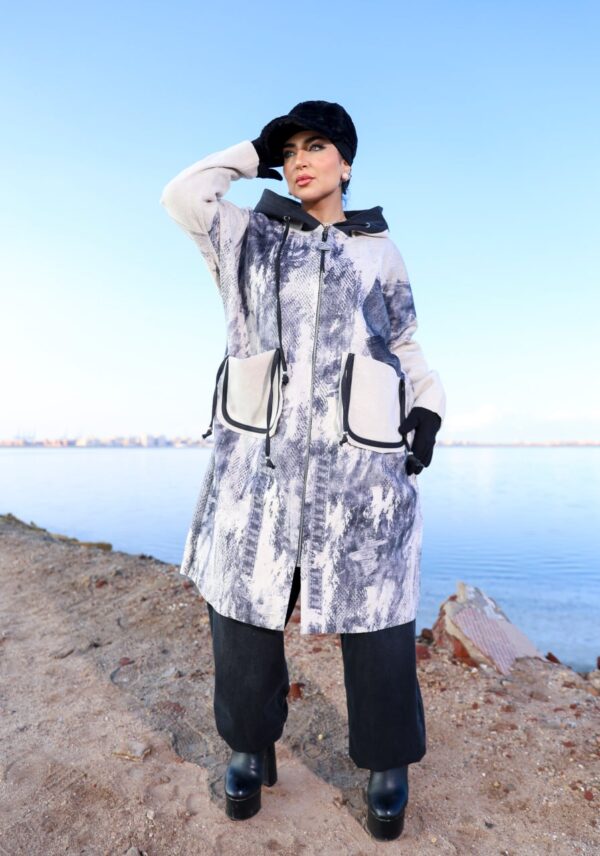 Modest Oversized Printed Winter Parka with Off-White Accent Pockets