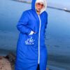 Royal Blue Long Winter Hooded Coat with White Zip and Printed Pockets