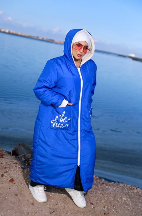 Royal Blue Long Winter Hooded Coat with White Zip and Printed Pockets
