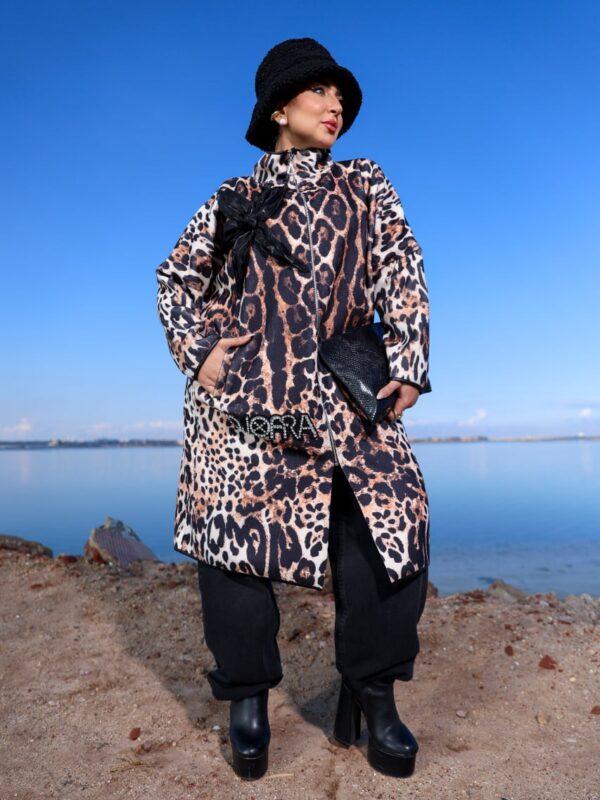 Modest Oversized Leopard Zip-Up Coat with Chest Bow Detail