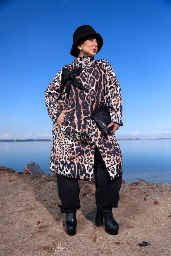 Modest Oversized Leopard Zip-Up Coat with Chest Bow Detail