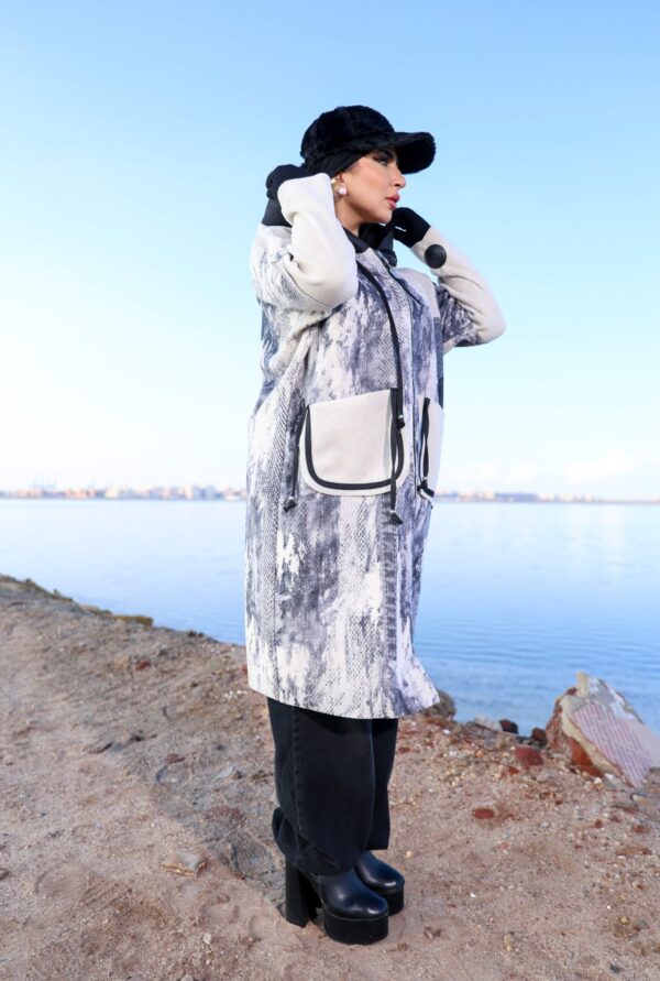 Modest Oversized Printed Winter Parka with Off-White Accent Pockets