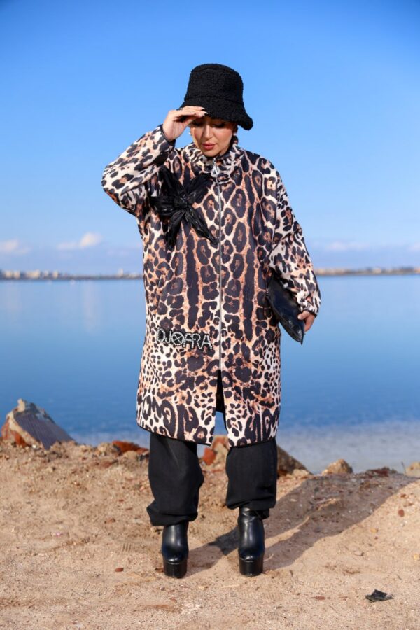 Modest Oversized Leopard Zip-Up Coat with Chest Bow Detail