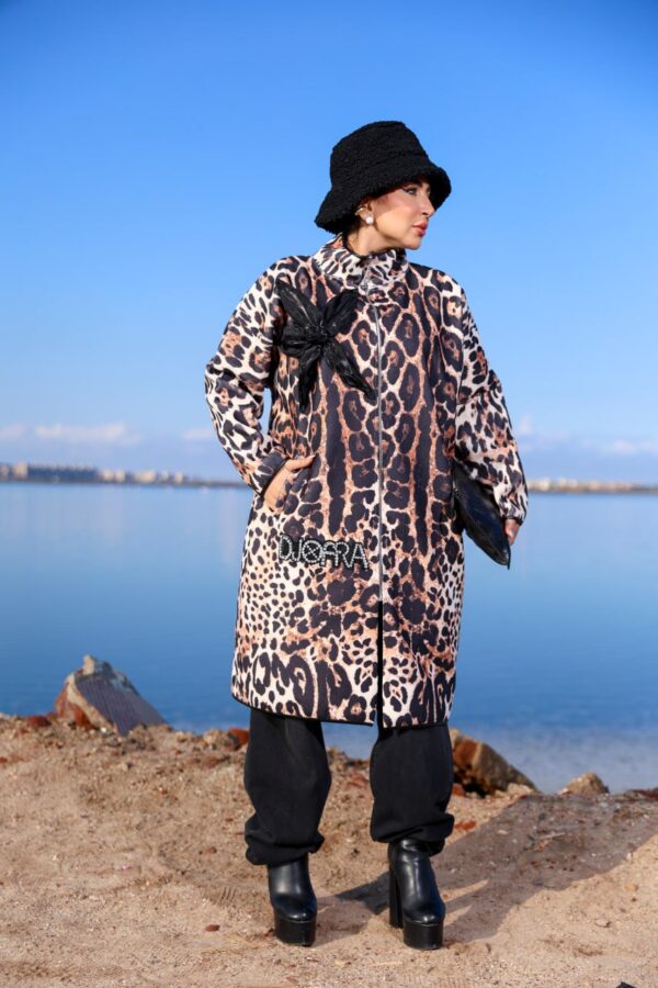Modest Oversized Leopard Zip-Up Coat with Chest Bow Detail