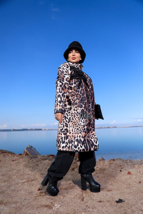 Modest Oversized Leopard Zip-Up Coat with Chest Bow Detail